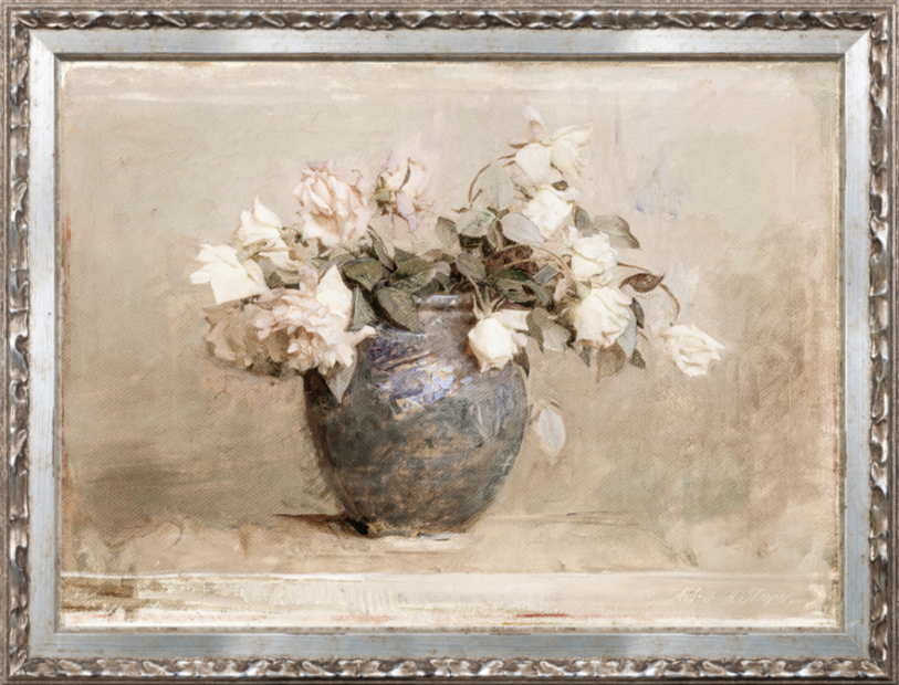 Petite Floral - Roses in a Blue Vase C. 1890