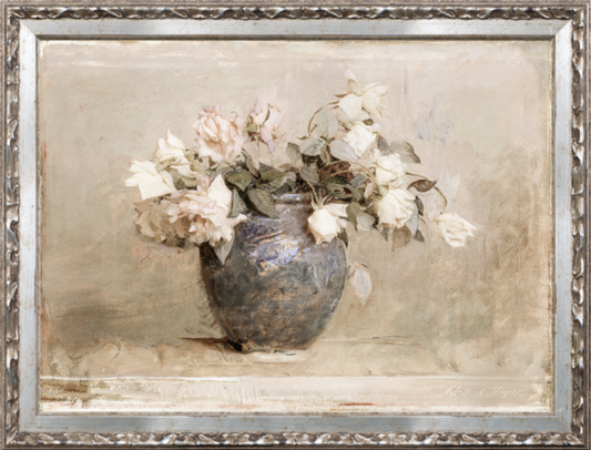 Petite Floral - Roses in a Blue Vase C. 1890